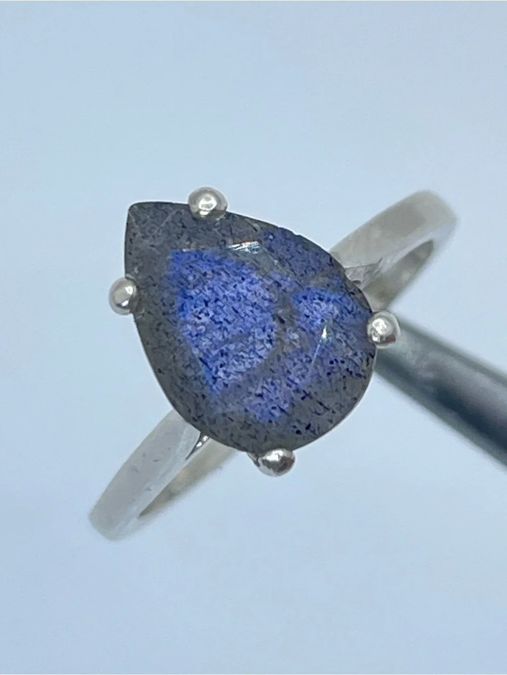 925 Sterling Silver Labradorite Tear Drop Ring Blue Flash Solitaire Sz 4.5